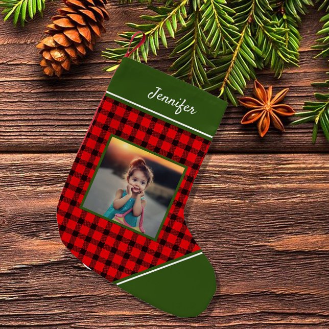 Create your own buffalo plaid photo monogrammed kleiner weihnachtsstrumpf (Create your own buffalo plaid photo monogrammed small christmas stocking.)