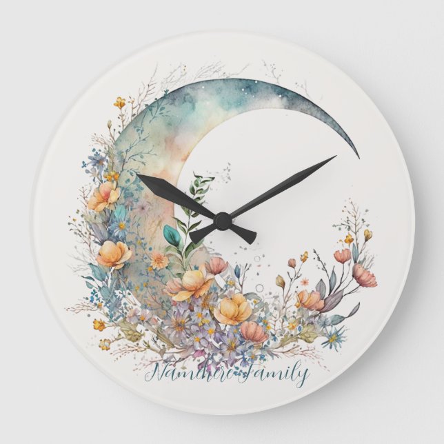 Create Your Own Buttercups Floral Crescent Moon Große Wanduhr (Vorderseite)