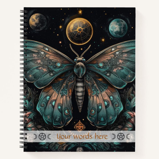 Create Your Own Celestial Blue Orange Fantasy Moth Notizbuch (Vorderseite)