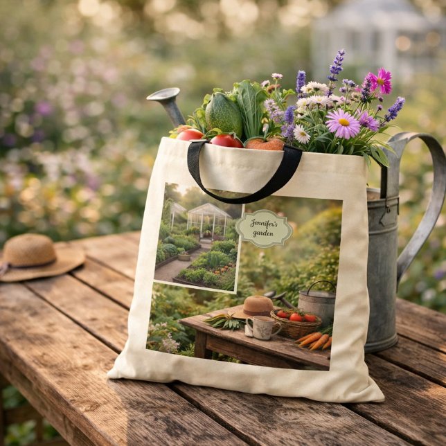 Create your own Coffee before gardening photo Tragetasche (Create your own Coffee before gardening photo Tote Bag. You can add your own photos and name.)