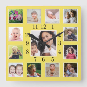 Create Your Own Custom 13 Photo Collage Yellow Quadratische Wanduhr