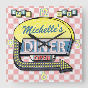Create Your Own Custom Retro 50's Diner Sign 3 Quadratische Wanduhr