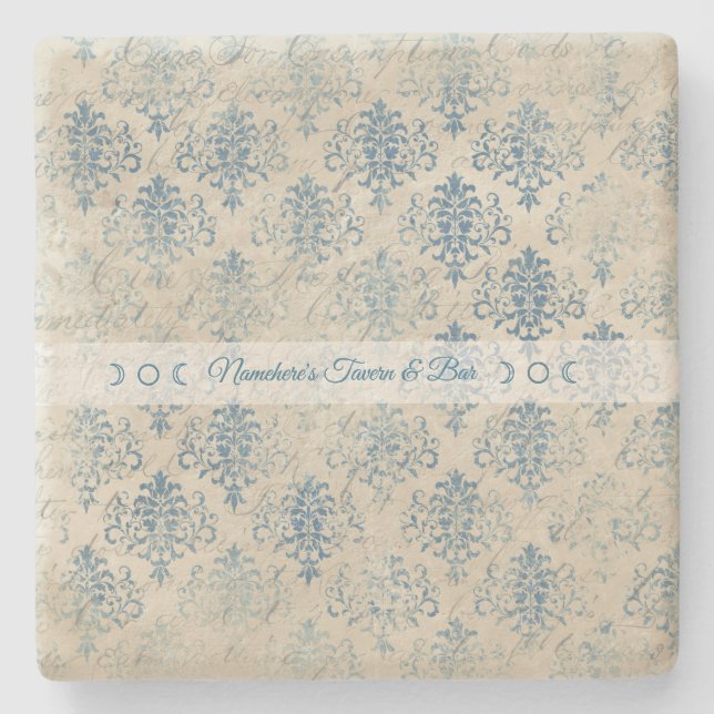 Create Your Own Distressed Vintage Blue Damask Steinuntersetzer (Vorderseite)