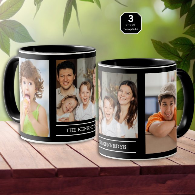 Create Your Own Family Name 3 Photo Collage Black Tasse (Von Creator hochgeladen)