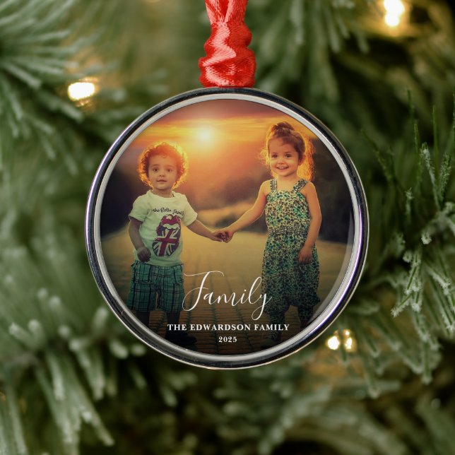 Create your own family script photo monogrammed ornament aus metall (Baum)