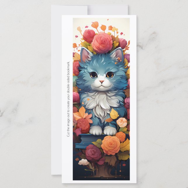 Create Your Own Floral Blue Cat Bookmark Card (Vorderseite)