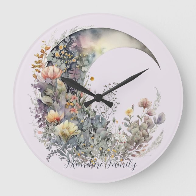 Create Your Own Floral Iridescent Crescent Moon Große Wanduhr (Vorderseite)