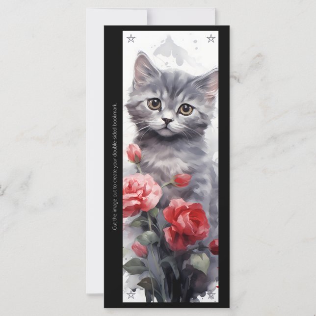 Create Your Own Gray Kitten Red Rose Bookmark Card (Vorderseite)