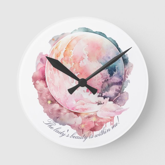 Create Your Own Lunar Love Magic Cloudy Pink Moon Runde Wanduhr (Vorderseite)
