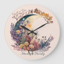 Create Your Own Mystical Floral Crescent Moon Große Wanduhr