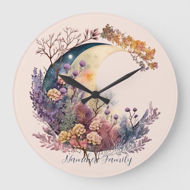Create Your Own Mystical Floral Crescent Moon Große Wanduhr (Vorderseite)