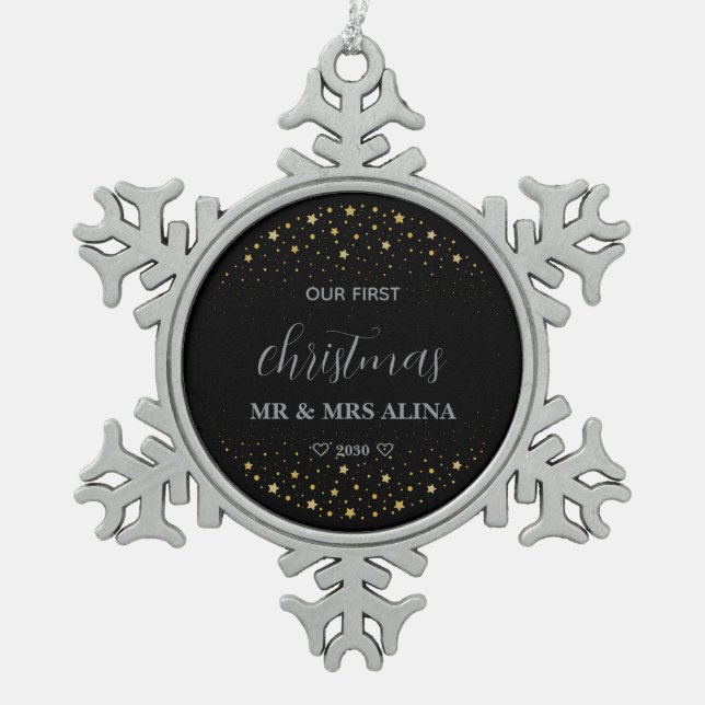 Create Your Own Our First Christmas Married Schneeflocken Zinn-Ornament (Vorderseite)