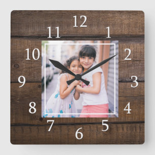 Create Your Own Photo Brown Wood Quadratische Wanduhr