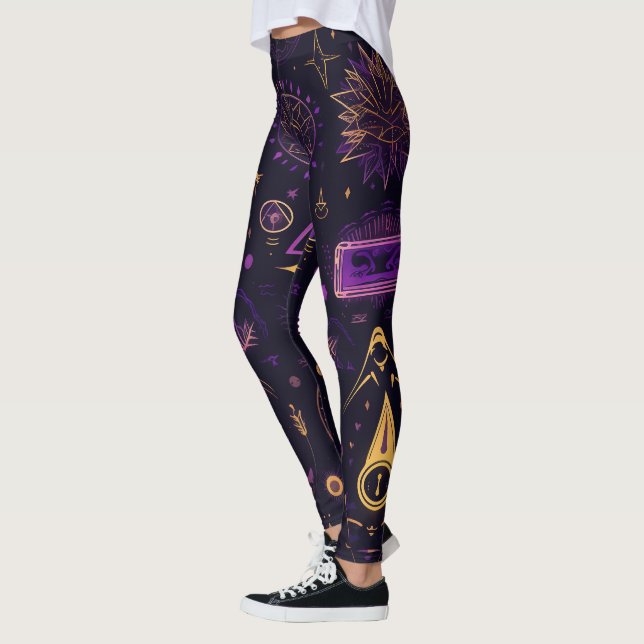 Create Your Own Purple & Gold Pagan Symbols Black Leggings (Links)