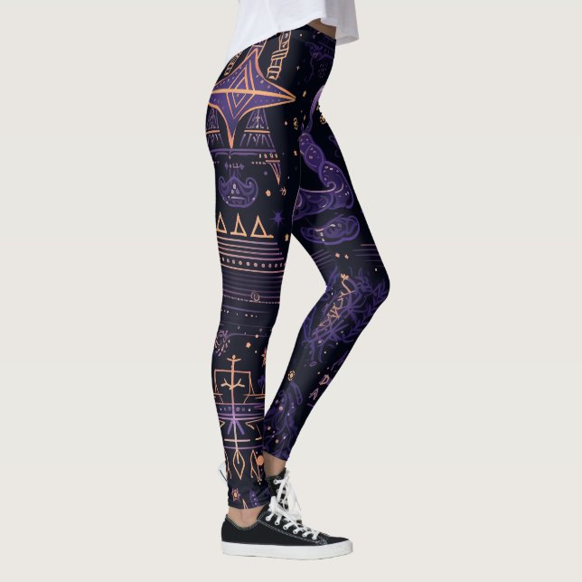 Create Your Own Purple & Gold Witchy Symbols Black Leggings (Rechts)