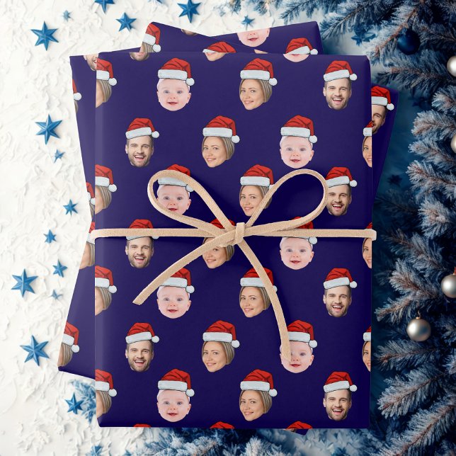Create Your Own Santa Hat Face 3 Photo Blue Geschenkpapier Set (Von Creator hochgeladen)