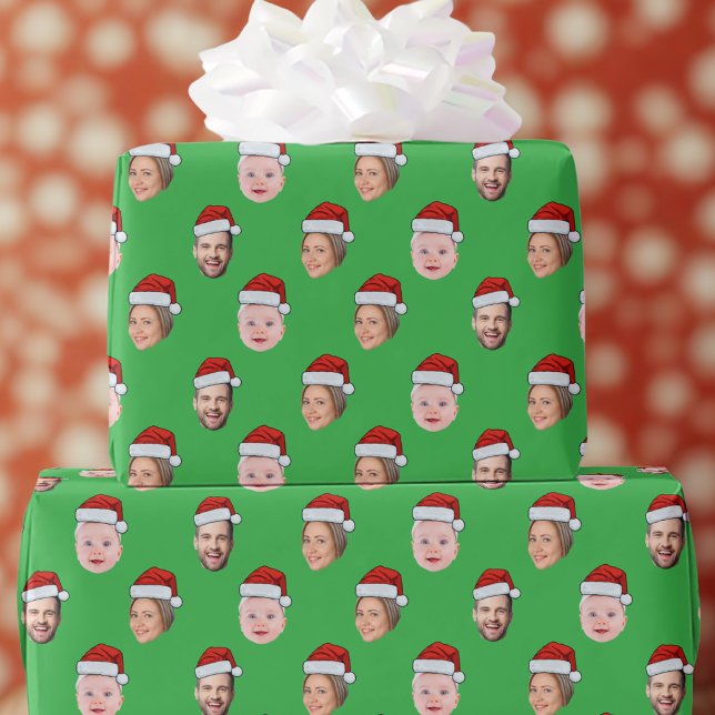 Create Your Own Santa Hat Face 3 Photo Green Geschenkpapier (Von Creator hochgeladen)