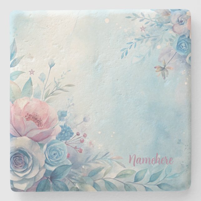 Create Your Own Shabby Chic Blue Pink Roses Steinuntersetzer (Vorderseite)