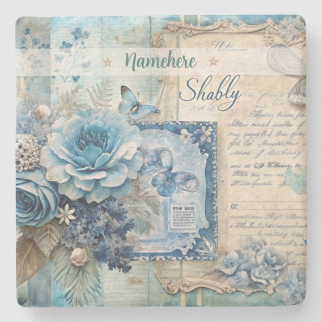 Create Your Own Shabby Chic Blue Roses Floral Steinuntersetzer (Vorderseite)