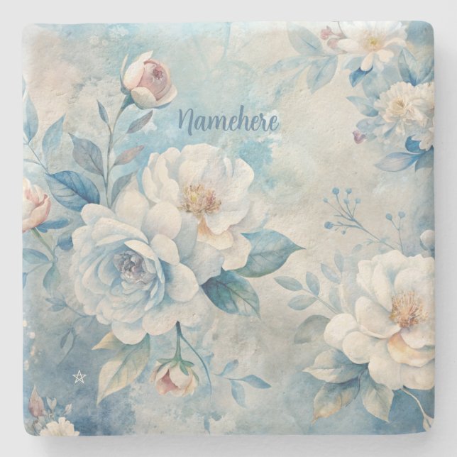 Create Your Own Shabby Chic Misty White Roses Steinuntersetzer (Vorderseite)