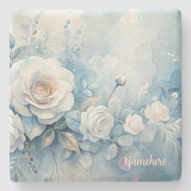 Create Your Own Shabby Chic Misty White Roses Steinuntersetzer (Vorderseite)