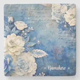 Create Your Own Shabby Chic White Rose Blue Steinuntersetzer