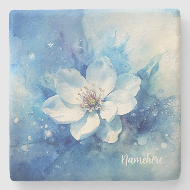 Create Your Own Shabby Chic White Tea Rose Blue Steinuntersetzer (Vorderseite)