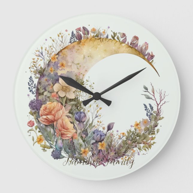 Create Your Own Summer Garden Floral Crescent Moon Große Wanduhr (Vorderseite)