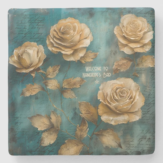 Create Your Own Teal & Gold Roses Floral Steinuntersetzer (Vorderseite)