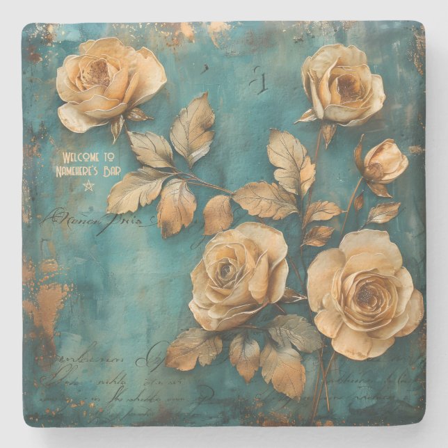 Create Your Own Teal & Golden Peach Rose Spray Steinuntersetzer (Vorderseite)