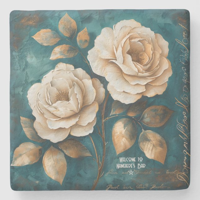 Create Your Own Teal & Golden Peach Roses Floral Steinuntersetzer (Vorderseite)