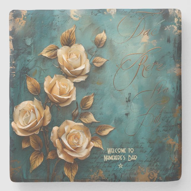 Create Your Own Teal & Golden Peach Roses Floral Steinuntersetzer (Vorderseite)