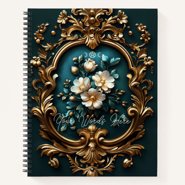 Create Your Own Teal Ornamental Gilded Blossoms Notizbuch (Vorderseite)