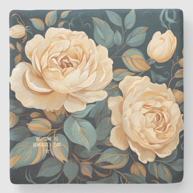 Create Your Own Teal & Yellow Roses Spray Floral Steinuntersetzer (Vorderseite)