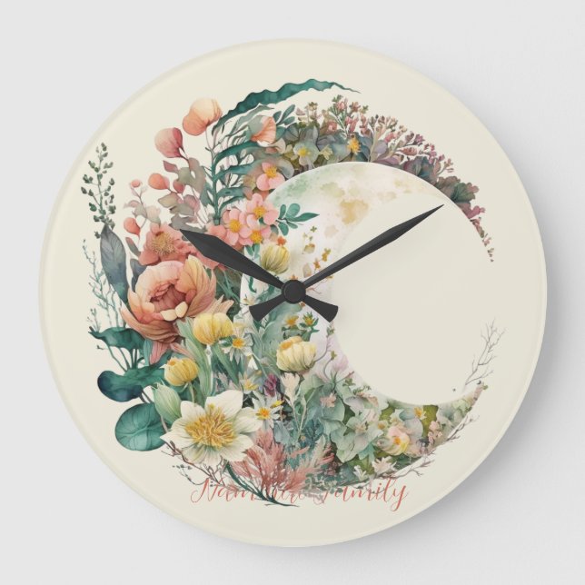 Create Your Own Tropical Floral Crescent Moon Große Wanduhr (Vorderseite)