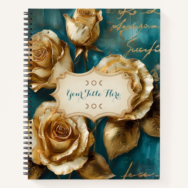 Create Your Own Turquoise Gold Roses Spray Floral Notizbuch (Vorderseite)