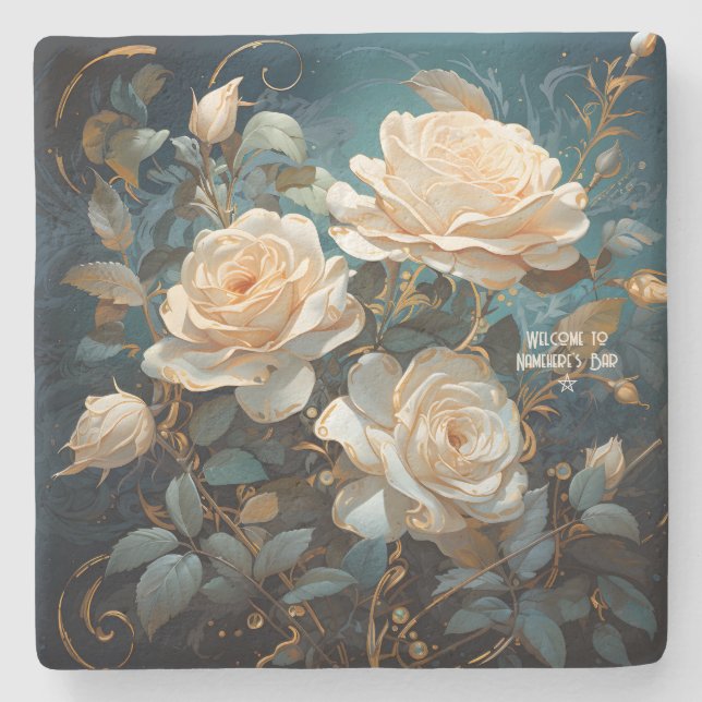 Create Your Own Turquoise Pale Peach Roses Floral Steinuntersetzer (Vorderseite)