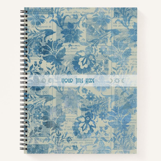 Create Your Own Vintage Blue Brocade Newsprint Notizbuch (Vorderseite)