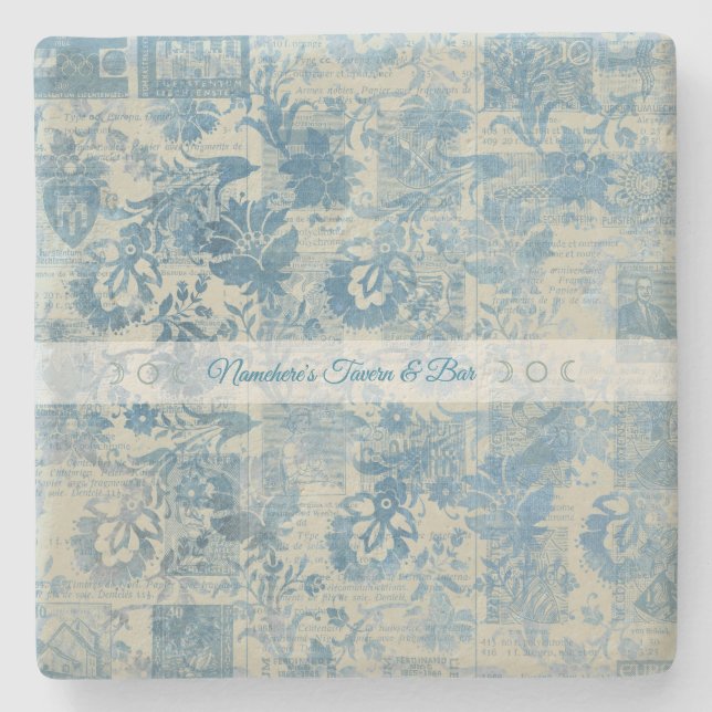Create Your Own Vintage Blue Brocade Newsprint Steinuntersetzer (Vorderseite)