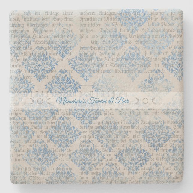 Create Your Own Vintage Blue Damask Newsprint Steinuntersetzer (Vorderseite)