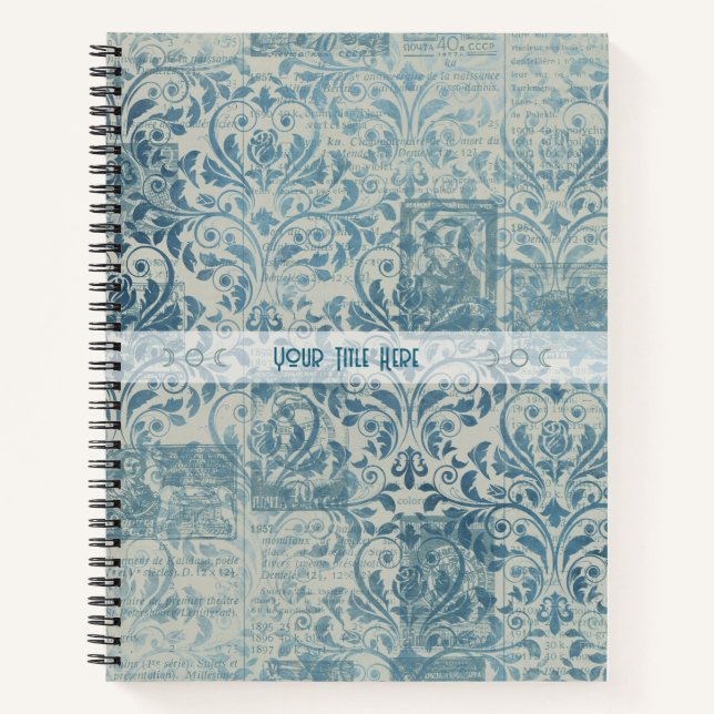 Create Your Own Vintage Teal Damask Newsprint Notizbuch (Vorderseite)