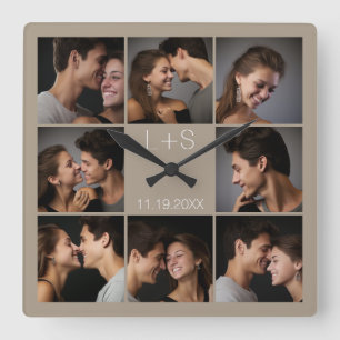 Create Your Own Wedding Photo Collage Monogram Quadratische Wanduhr
