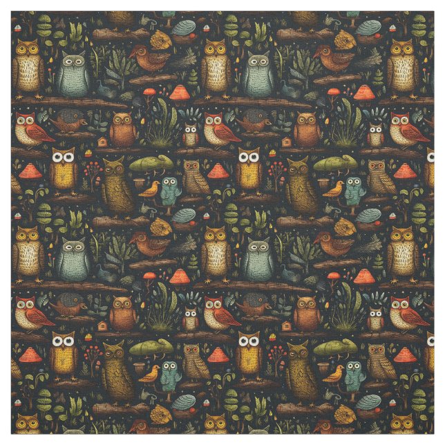 Create Your Own Wild Forest Owls Birds Black Stoff (Muster)