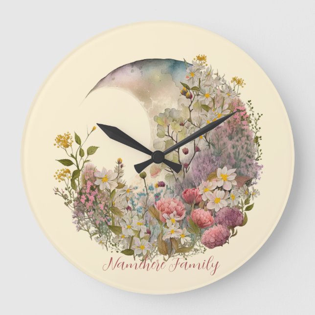 Create Your Own Wildflowers Floral Crescent Moon Große Wanduhr (Vorderseite)