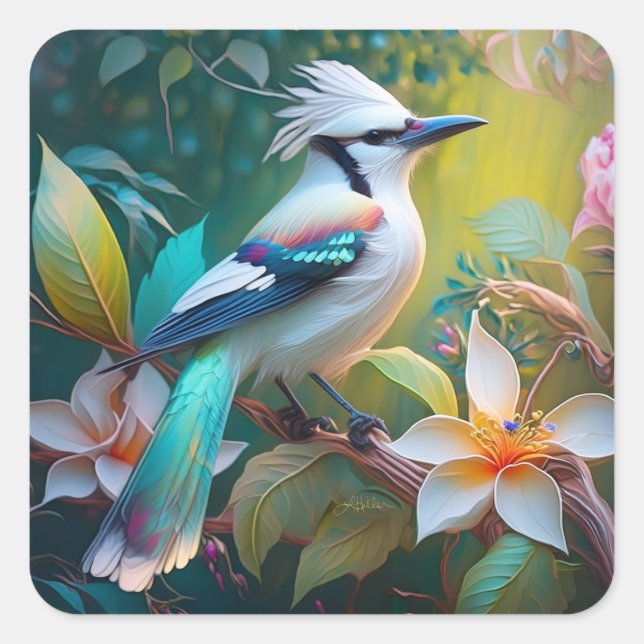 Created Aquamarin Winged Jay Quadratischer Aufkleber (Vorderseite)