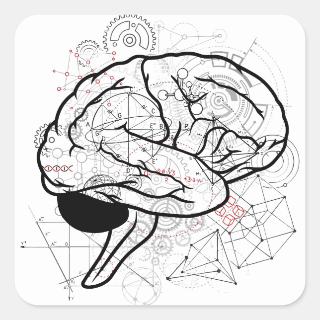 Creative Brain Artwork mit Science Theme Quadratischer Aufkleber (Vorderseite)