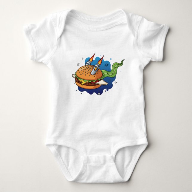 Creative Cartoon Burger Rocket Ship in Space Illus Baby Strampler (Vorderseite)