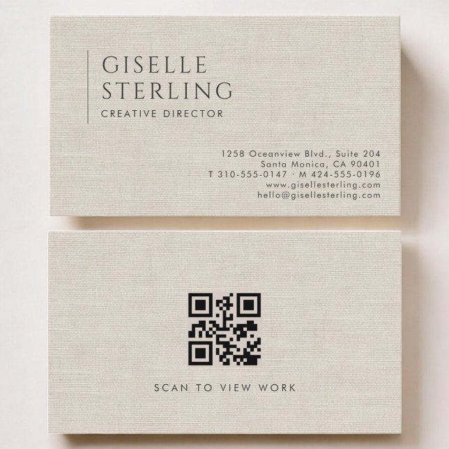 Creative Director Luxury Neutral Linen QR Code Visitenkarte (Von Creator hochgeladen)