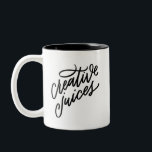 Creative Juices Zweifarbige Tasse<br><div class="desc">Die kreativen Säfte lassen sich morgens zum Fließen bringen! Diese lustige,  handgearbeitete Tasse liest "Creative Säfte" in großer Schrift auf der einen Seite und "Drink for inspo" in kleinerem Typ auf der anderen Seite.</div>