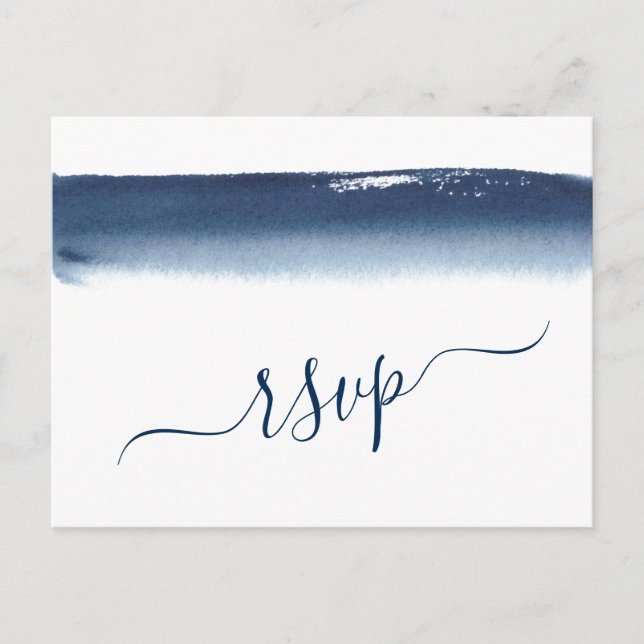 Creative Navy Blue Watercolor Wedding RSVP Einladungspostkarte (Vorderseite)